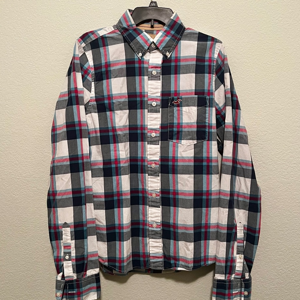 💥PRICE DROP!💥 Hollister Mens Large Pink/Royal Blue Plaid Long Sleeve Button Up
